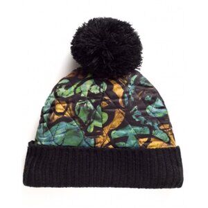 Gold Lantana Puffer Hat With Black Ribbed Knit Cuff & Pom-Pom By Peruvian Connec